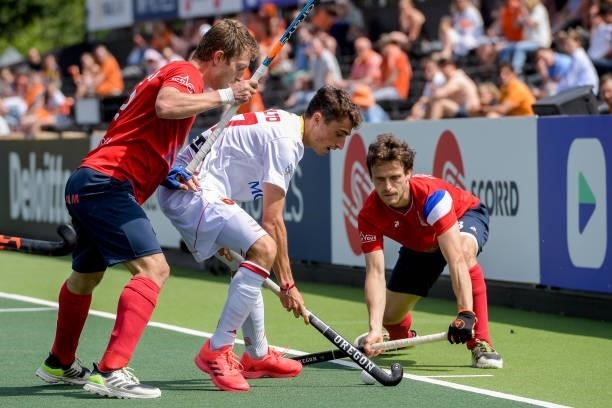 Blaise Rogeau of France, Marc Bolto of Spain, Jean-Baptiste Forgues of France during the Euro Hockey Championships match between Spain and France at...