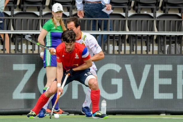 Nicolas Dumot of France, Alvaro Iglesias of Spain during the Euro Hockey Championships match between Spain and France at Wagener Stadion on June 11,...