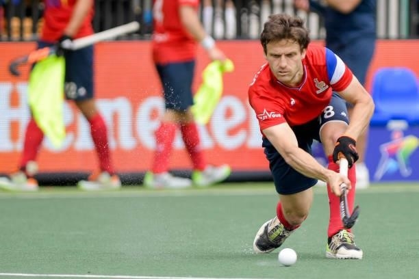 Jean-Baptiste Forgues of France during the Euro Hockey Championships match between Spain and France at Wagener Stadion on June 11, 2021 in...