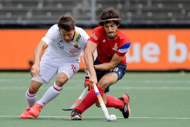 Marc Salles of Spain, Francois Goyet of France during the Euro Hockey Championships match between Spain and France at Wagener Stadion on June 11,...