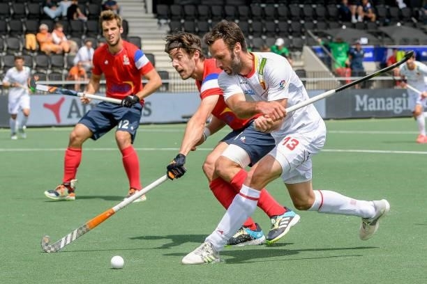 Nicolas Dumot of France, David Alegre of Spain during the Euro Hockey Championships match between Spain and France at Wagener Stadion on June 11,...