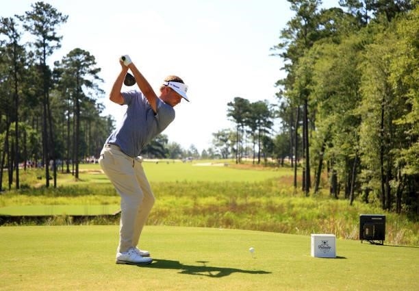 Keith Mitchell plays his shot from the second tee during the second round of the Palmetto Championship at Congaree on June 11, 2021 in Ridgeland,...