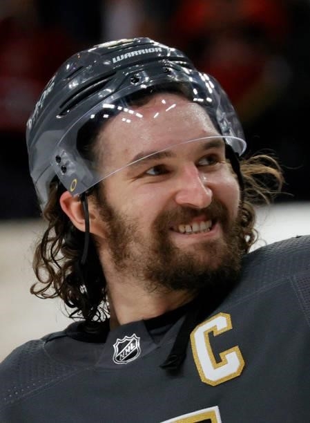 Mark Stone of the Vegas Golden Knights smiles as he celebrates the team's 6-3 victory over the Colorado Avalanche to win Game Six of the Second Round...
