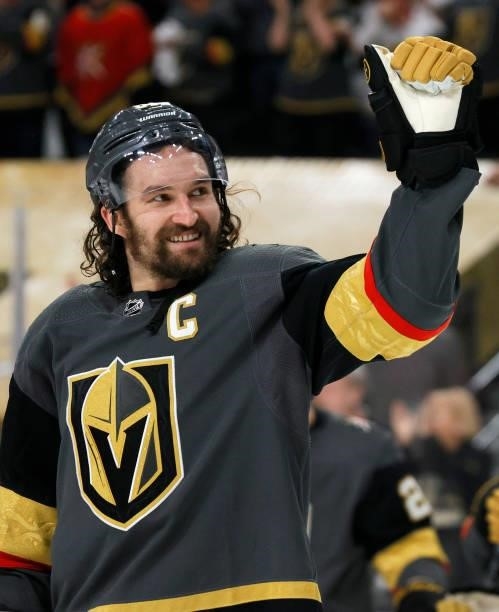 Mark Stone of the Vegas Golden Knights smiles as he celebrates the team's 6-3 victory over the Colorado Avalanche to win Game Six of the Second Round...