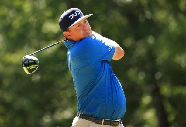 Jason Dufner plays his shot from the 12th tee during the second round of the Palmetto Championship at Congaree on June 11, 2021 in Ridgeland, South...