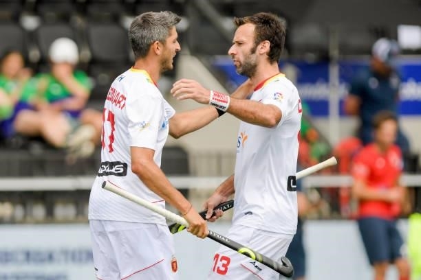 Xavi Lleonart of Spain celebrates after scoring his teams first goal , David Alegre of Spain during the Euro Hockey Championships match between Spain...