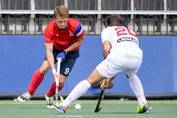 Blaise Rogeau of France, Alejandro Alonso of Spain during the Euro Hockey Championships match between Spain and France at Wagener Stadion on June 11,...