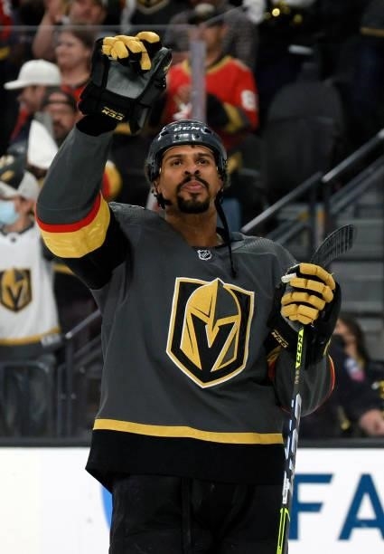 Ryan Reaves of the Vegas Golden Knights waves as he celebrates the team's 6-3 victory over the Colorado Avalanche to win Game Six of the Second Round...