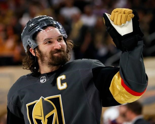Mark Stone of the Vegas Golden Knights pumps his fist as he celebrates after the team's 6-3 victory over the Colorado Avalanche to win Game Six of...