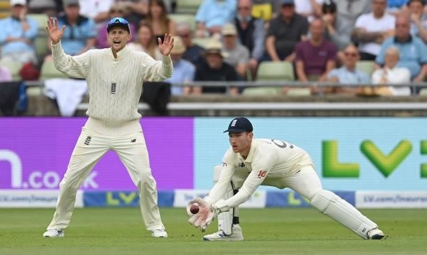 Joe Root of England reacts as James Bracey takes the ball during the second day of the second LV= Test Match between England and New Zealand at...