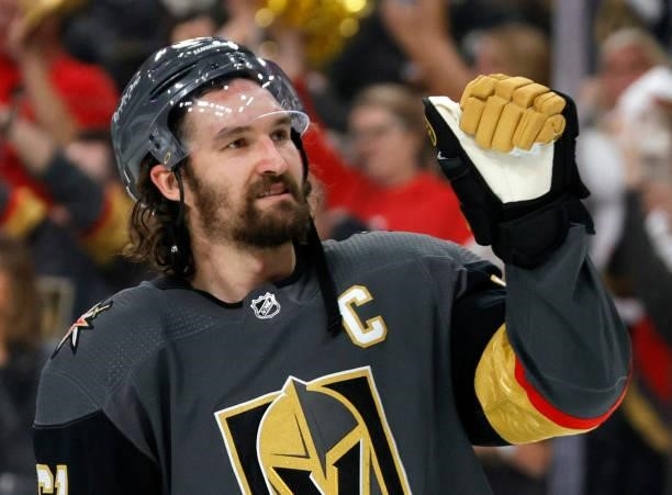 Mark Stone of the Vegas Golden Knights celebrates after the team's 6-3 victory over the Colorado Avalanche to win Game Six of the Second Round of the...