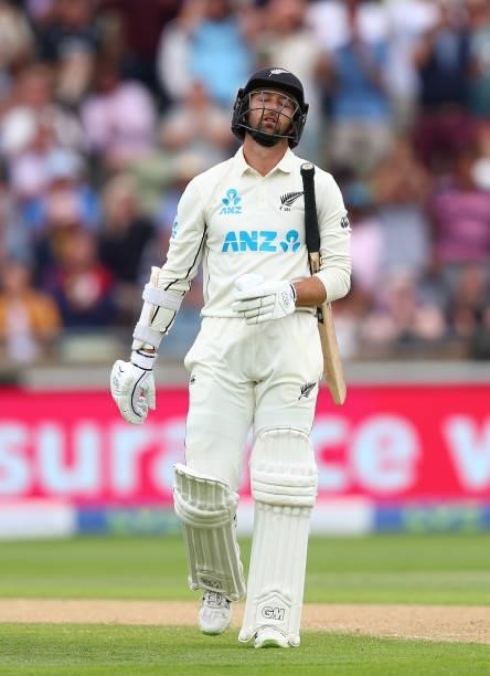 Devon Conway of New Zealand leaves the field dejected after being dismissed by Stuart Broad of England during day two of the second Test Match at...