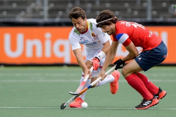 Marc Salles of Spain, Francois Goyet of France during the Euro Hockey Championships match between Spain and France at Wagener Stadion on June 11,...