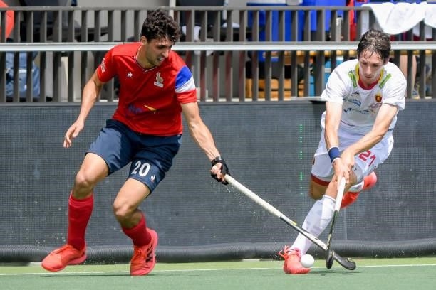 Eliot Curty of France, Vicenc Ruiz of Spain during the Euro Hockey Championships match between Spain and France at Wagener Stadion on June 11, 2021...