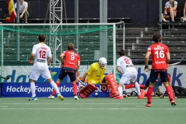 Quico Cortes of Spain, Timothee Clement celebrates after scoring his teams first goal during the Euro Hockey Championships match between Spain and...