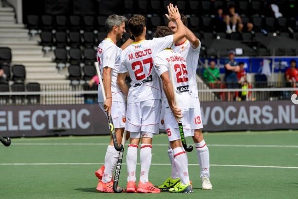 Marc Bolto of Spain, David Alegre of Spain, Pau Quemada of Spain celebrates after scoring his teams second goal during the Euro Hockey Championships...