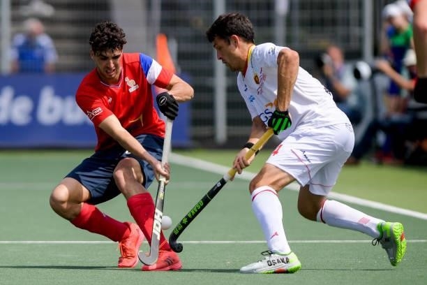 Eliot Curty of France, Ricardo Sanchez of Spain during the Euro Hockey Championships match between Spain and France at Wagener Stadion on June 11,...