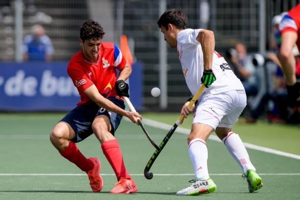 Eliot Curty of France, Ricardo Sanchez of Spain during the Euro Hockey Championships match between Spain and France at Wagener Stadion on June 11,...