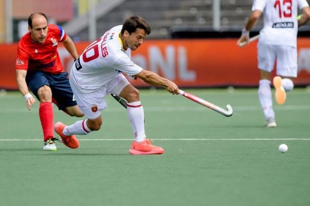 Pieter van Straaten of France, Marc Salles of Spain during the Euro Hockey Championships match between Spain and France at Wagener Stadion on June...