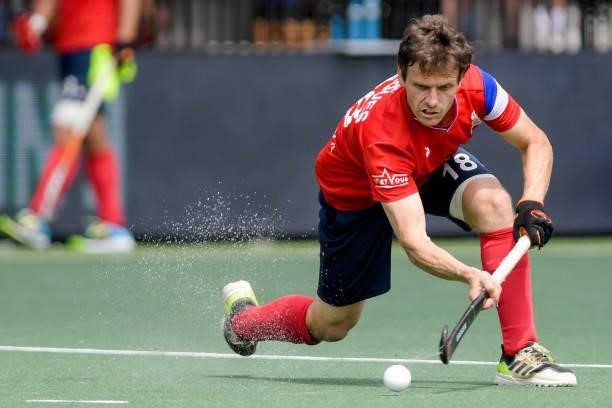 Jean-Baptiste Forgues of France during the Euro Hockey Championships match between Spain and France at Wagener Stadion on June 11, 2021 in...