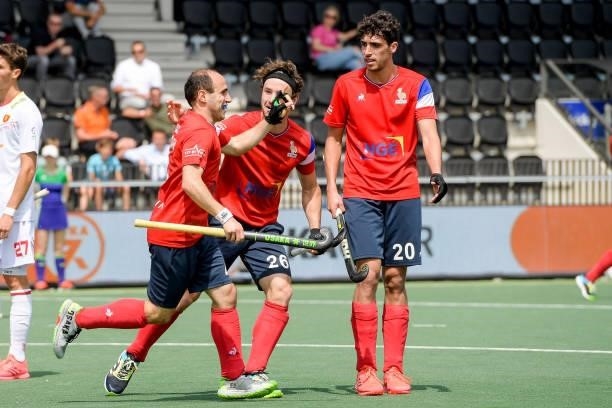 Pieter van Straaten of France celebrates after scoring his teams second goal, Antonin Igau of France, Eliot Curty of France during the Euro Hockey...