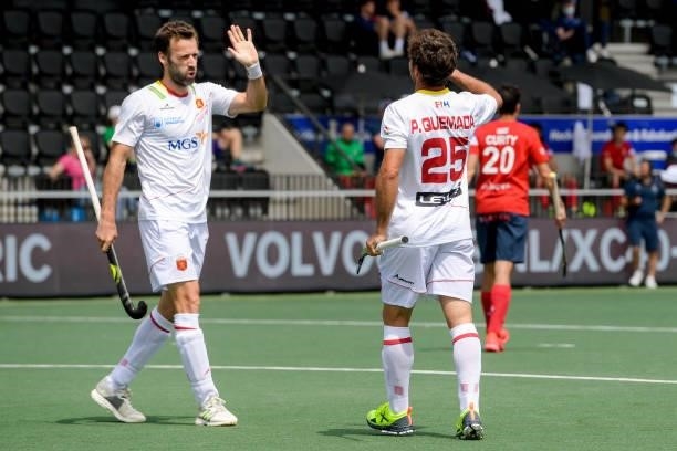 David Alegre of Spain, Pau Quemada of Spain celebrates after scoring his teams second goal during the Euro Hockey Championships match between Spain...
