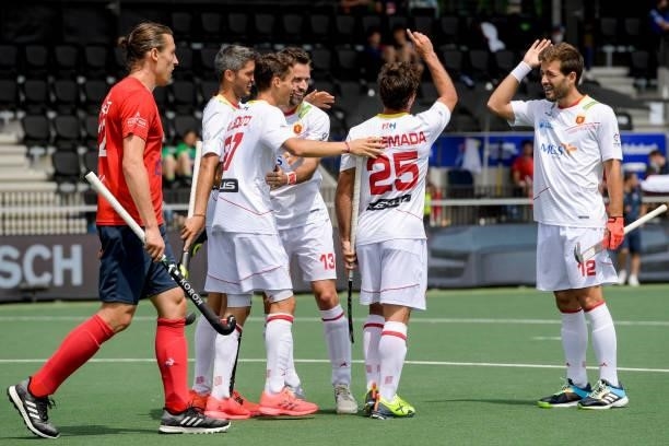 Marc Bolto of Spain, David Alegre of Spain, Pau Quemada of Spain celebrates after scoring his teams second goal during the Euro Hockey Championships...