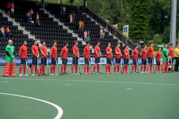 Team Spain before match start during the Euro Hockey Championships match between Spain and France at Wagener Stadion on June 11, 2021 in Amstelveen,...