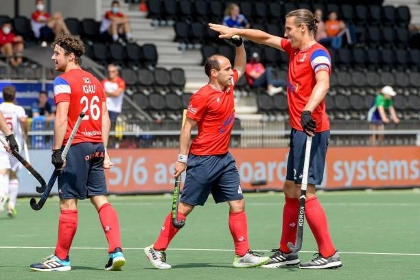Pieter van Straaten of France celebrates after scoring his teams second goal, Victor Charlet of France during the Euro Hockey Championships match...