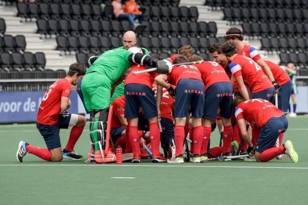 Team France forming a huddle during the Euro Hockey Championships match between Spain and France at Wagener Stadion on June 11, 2021 in Amstelveen,...