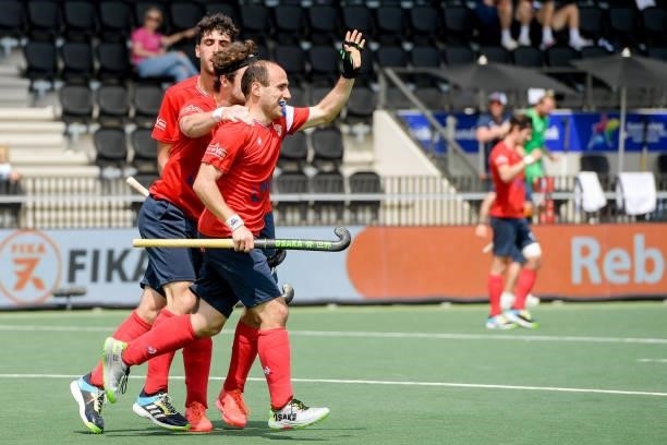 Pieter van Straaten of France celebrates after scoring his teams second goal, Antonin Igau of France, Eliot Curty of France during the Euro Hockey...