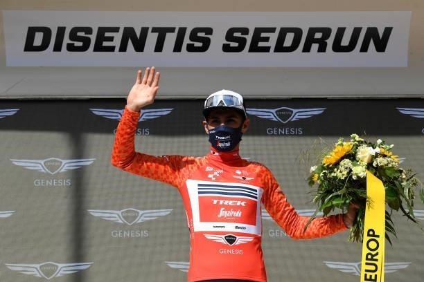 Antonio Nibali of Italy and Team Trek - Segafredo Orange Mountain Jersey celebrates at podium during the 84th Tour de Suisse 2021, Stage 6 a 130,1km...