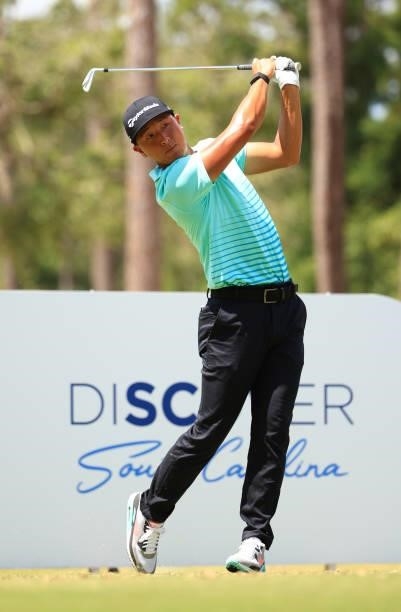 John Pak plays his shot from the 18th tee during the second round of the Palmetto Championship at Congaree on June 11, 2021 in Ridgeland, South...