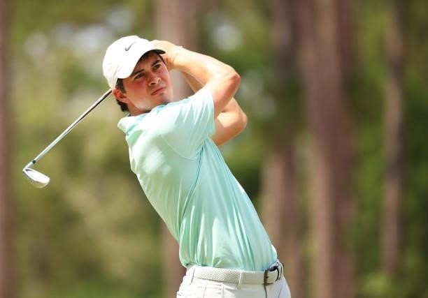 Davis Thompson plays his shot from the 18th tee during the second round of the Palmetto Championship at Congaree on June 11, 2021 in Ridgeland, South...