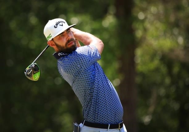 Erik van Rooyen of South Africa plays his shot from the 12th tee during the second round of the Palmetto Championship at Congaree on June 11, 2021 in...