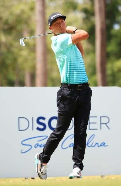 John Pak plays his shot from the 18th tee during the second round of the Palmetto Championship at Congaree on June 11, 2021 in Ridgeland, South...