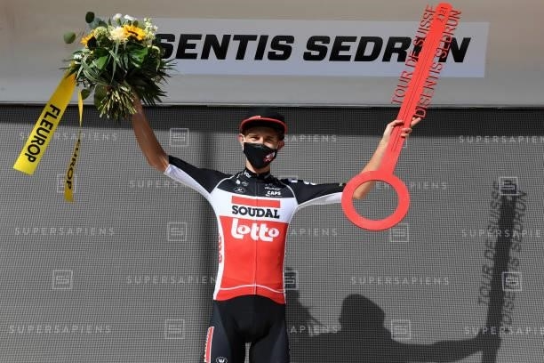 Andreas Lorentz Kron of Denmark and Team Lotto Soudal winner of the stage celebrates at podium during the 84th Tour de Suisse 2021, Stage 6 a 130,1km...