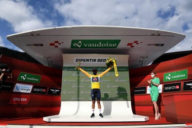 Richard Carapaz of Ecuador and Team INEOS Grenadiers Yellow Leader Jersey celebrates at podium during the 84th Tour de Suisse 2021, Stage 6 a 130,1km...