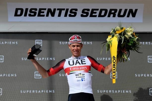 David De La Cruz Melgarejo of Spain and UAE Team Emirates Most Combative rider celebrates at podium during the 84th Tour de Suisse 2021, Stage 6 a...