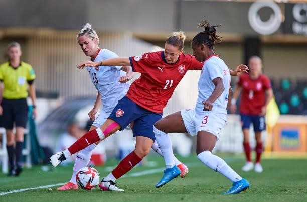 Sophie Schmidt and Kadeisha Buchanan of Canada competes for the ball with Andrea Staskova of Czech Republic during the Women's International friendly...