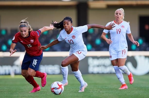 Ashley Lawrence of Canada competes for the ball with Marketa Ringelova of Czech Republic during the Women's International friendly match between...