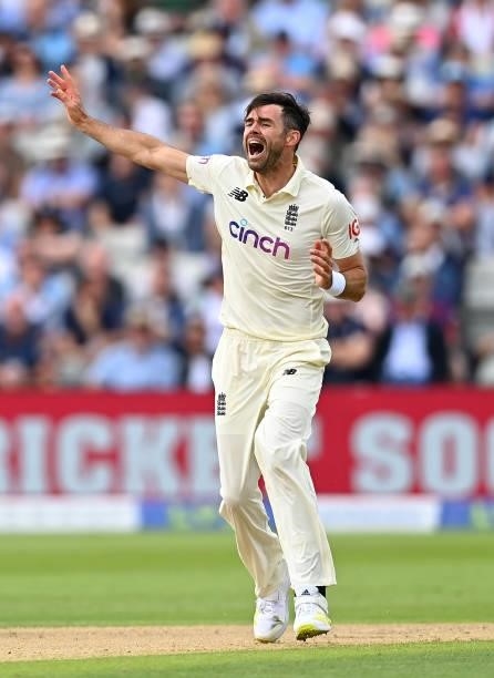 James Anderson of England appeals for a wicket during day two of the second Test Match at Edgbaston on June 11, 2021 in Birmingham, England.