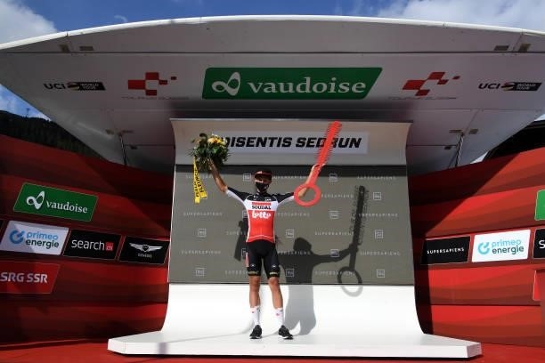 Andreas Lorentz Kron of Denmark and Team Lotto Soudal winner of the stage celebrates at podium during the 84th Tour de Suisse 2021, Stage 6 a 130,1km...