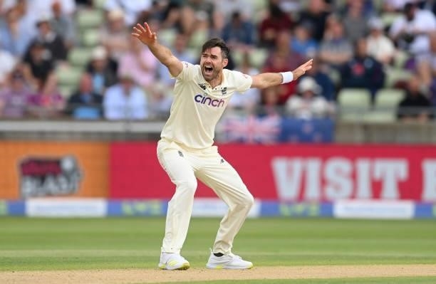 James Anderson of England appeals for the dismissal of Ross Taylor during the second day of the second LV= Test Match between England and New Zealand...