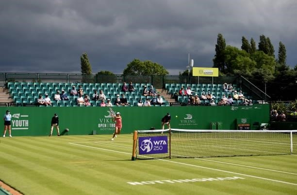 Shuai Zhang of China plays a backhand shot to Kristina Mladenovic of France during the women's singles match on day seven at Nottingham Tennis Centre...