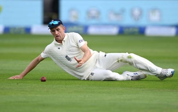 Olly Stone of England fields the ball during day two of the second Test Match at Edgbaston on June 11, 2021 in Birmingham, England.