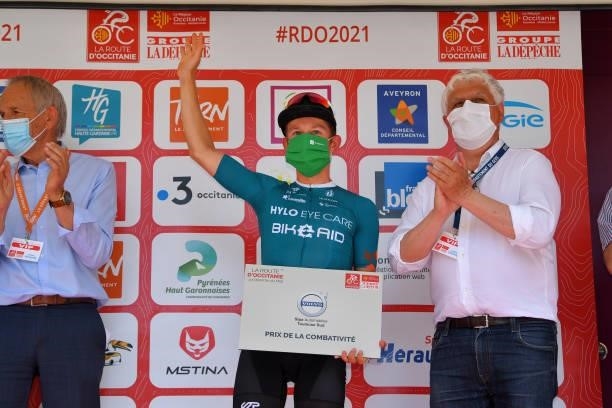 Adne Van Engelen of Netherlands and Team Bike Aid Most Combative Rider celebrates at podium during the 45th La Route d'Occitanie - La Depeche Du Midi...