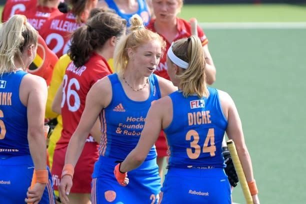 Margot van Geffen of the Netherlands, Pien Dicke of the Netherlands during the Euro Hockey Championships Women match between Netherlands and Belgium...
