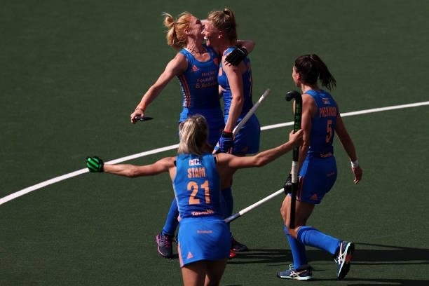 Caia van Maasakker of Netherlands celebrates scoring her teams third goal of the game with team mates during the Euro Hockey Championships Womens...