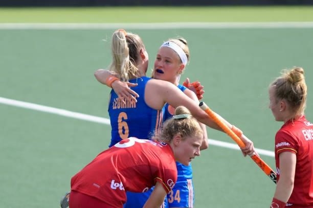 Pien Dicke of the Netherlands and Laurien Leurink of the Netherlands during the Euro Hockey Championships Women match between Netherlands and Belgium...